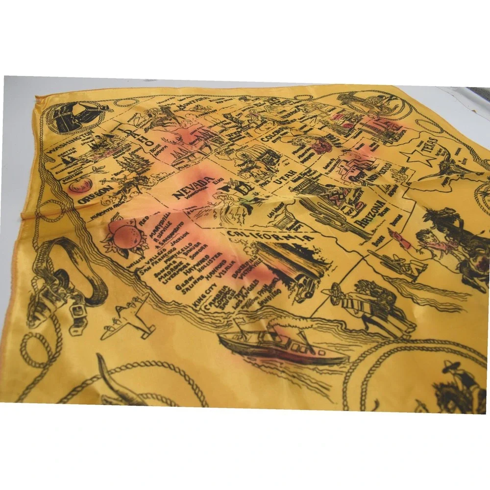 Vintage Western USA Map Souvenir Scarf Yellow Cowboy Americana Made in USA 23x23